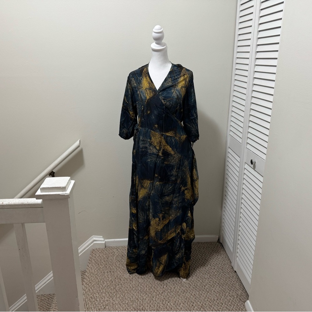 Darn Good Yarn Sari Blue and Gold Wrap Maxi Dress